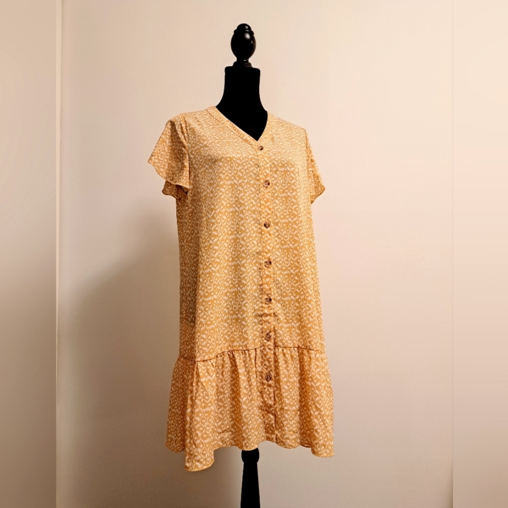 Breezy Everyday Yellow Button Down V- Neck Dress, Size Large